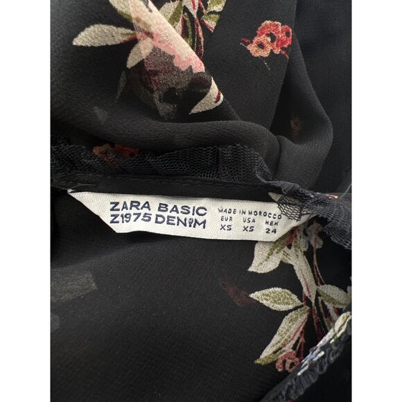 Zara Basic Size XS Floral Sheer Blouse Black Ruffle Bell Sleeve Fairygoth - Picture 3 of 10